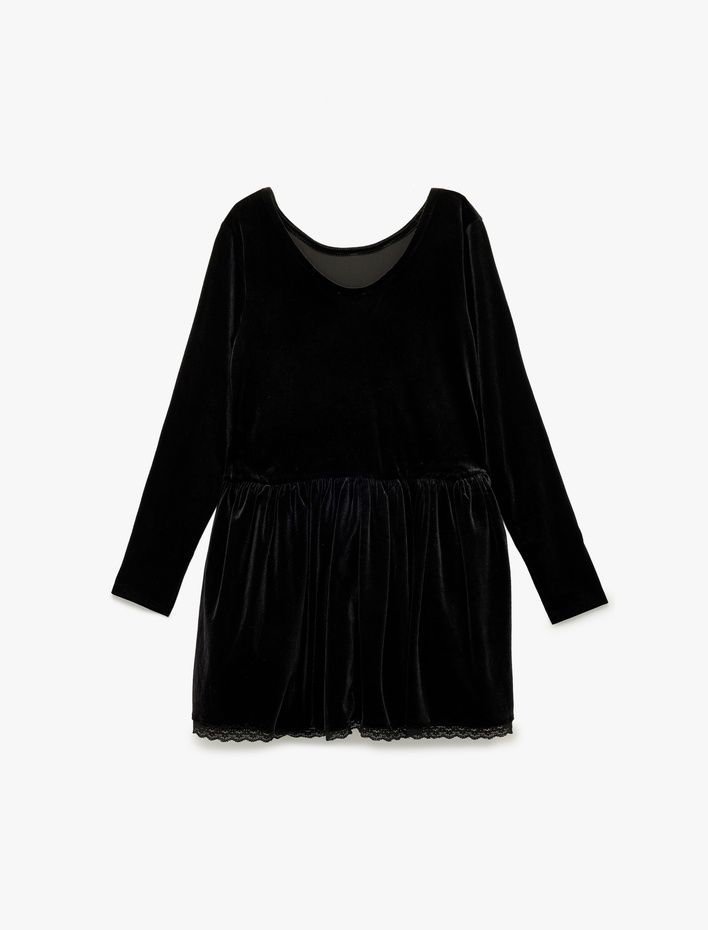 Kız Çocuk Dantel Detaylı Uzun Kollu Geniş Yaka Kadife Yılbaşı Elbise