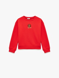 Uzun Kollu Bisiklet Yaka Nakış Detaylı Şardonlu Sweatshirt