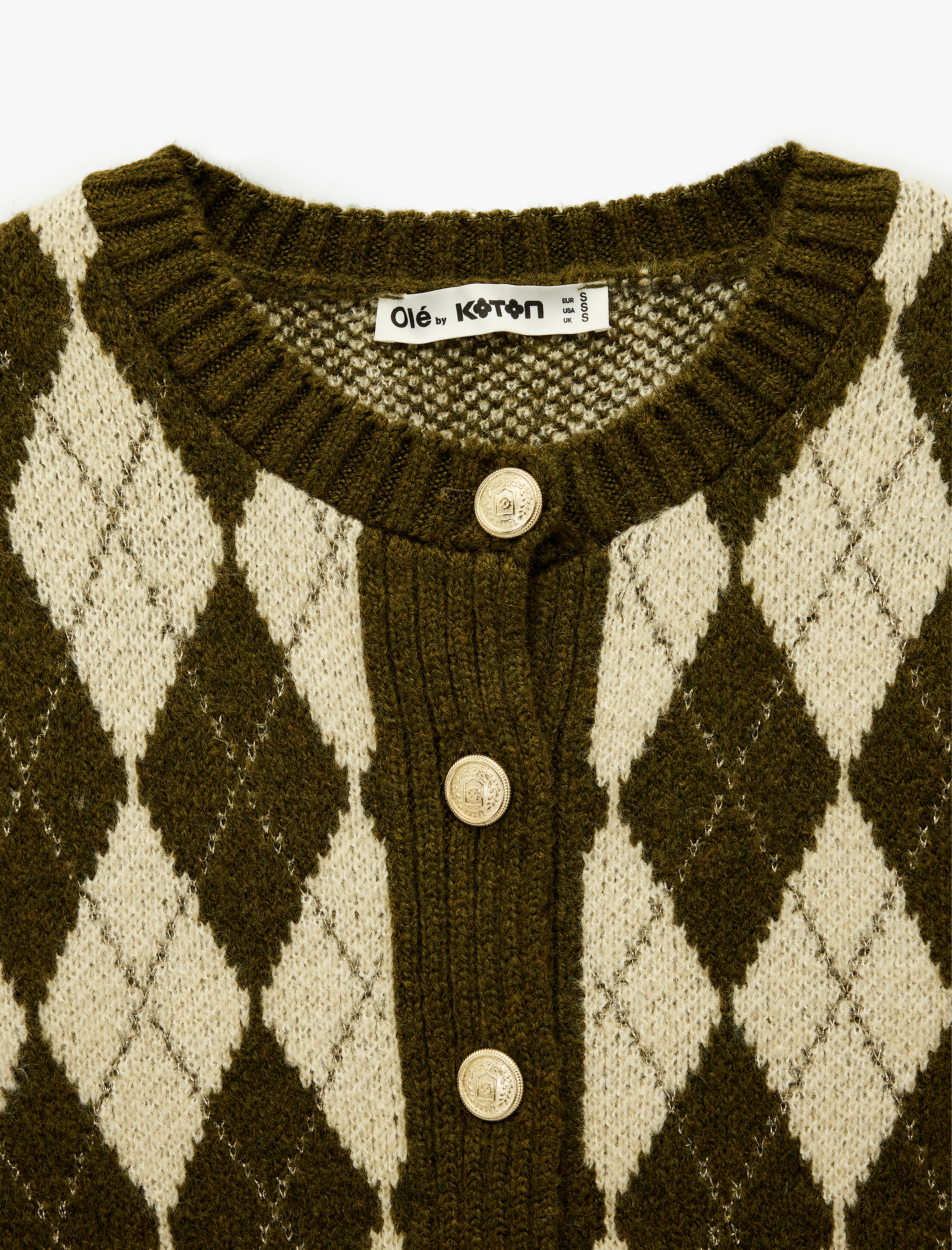   Düğmeli Uzun Kollu Bisiklet Yaka Baklava Desenli Triko Hırka