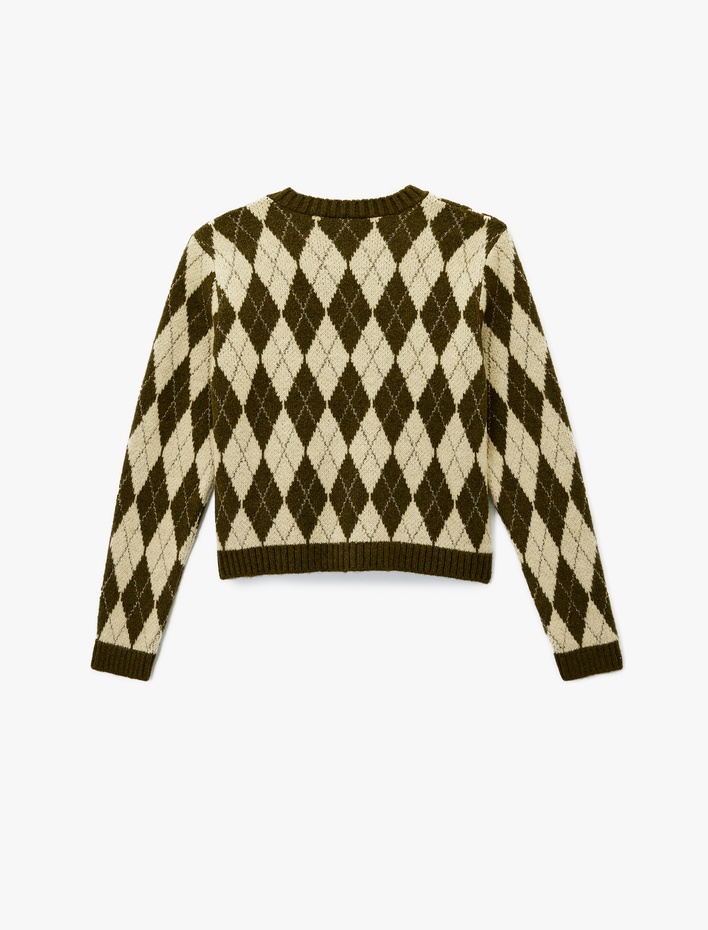  Düğmeli Uzun Kollu Bisiklet Yaka Baklava Desenli Triko Hırka