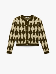 Düğmeli Uzun Kollu Bisiklet Yaka Baklava Desenli Triko Hırka