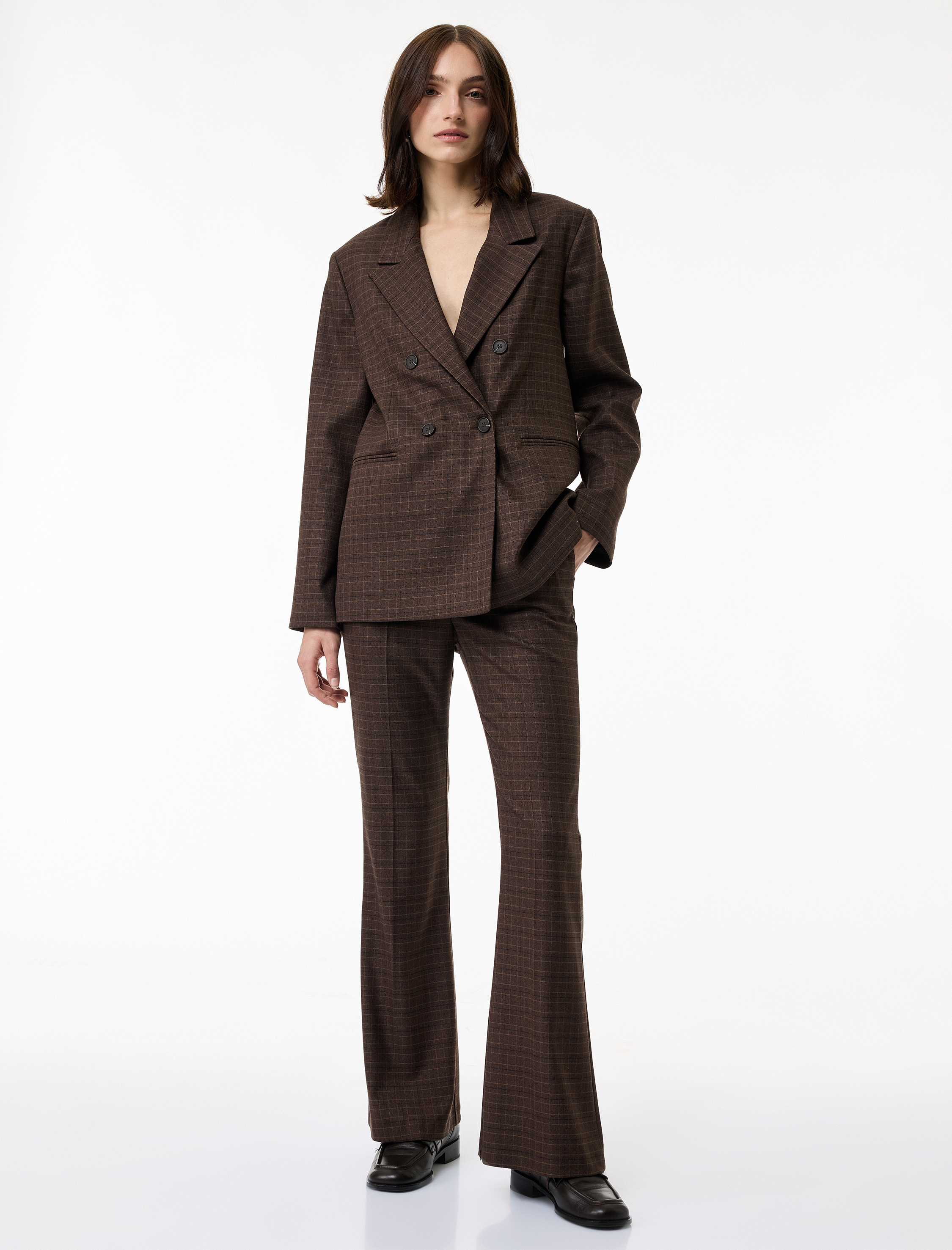   Yüksek Bel İspanyol Paça Viskon Karışımlı Ekoseli Pantolon