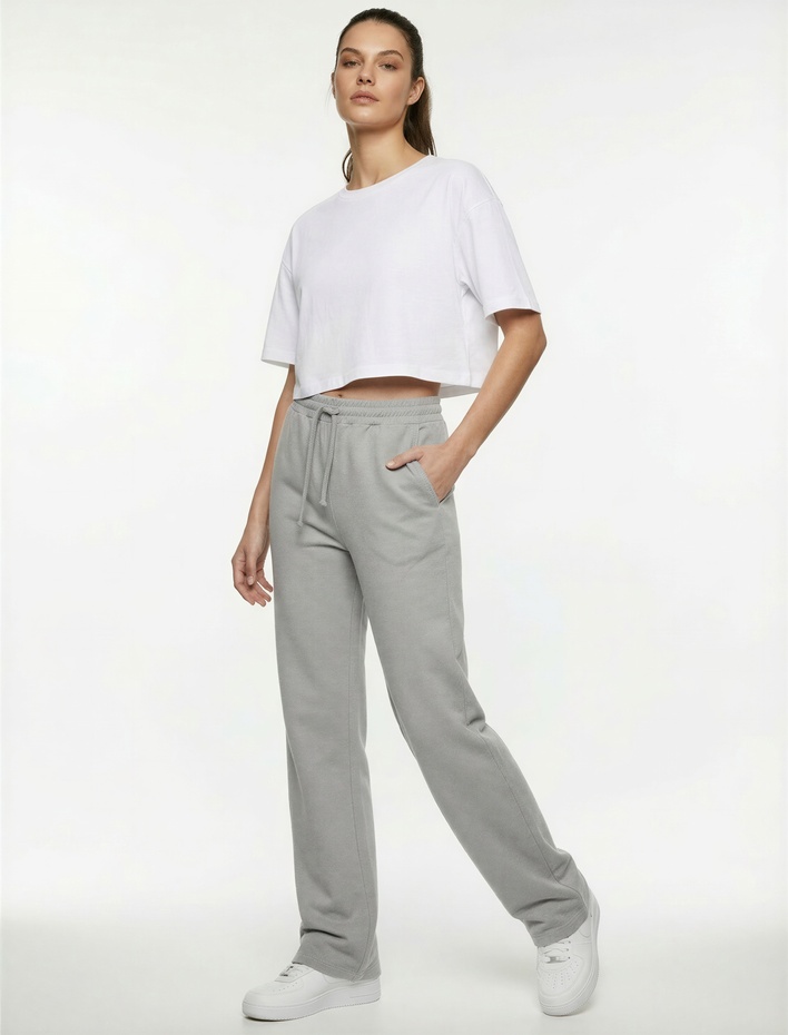  Yüksek Bel Cep Detaylı Beli Bağcıklı Modal Karışımlı Geniş Paça Eşofman Altı