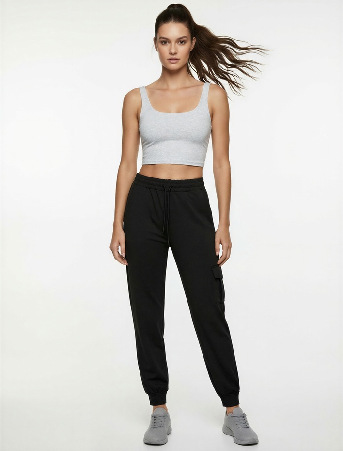  Yüksek Bel Cep Detaylı Rahat Kalıp Spor Jogger Eşofman Altı
