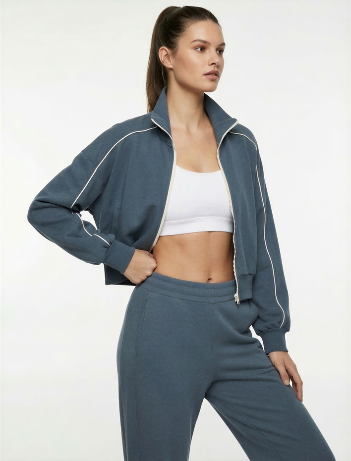  Dik Yaka Viskon Karışımlı Biyeli Fermuarlı Rahat Kalıp Spor Sweatshirt