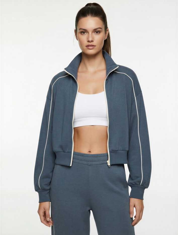  Dik Yaka Viskon Karışımlı Biyeli Fermuarlı Rahat Kalıp Spor Sweatshirt