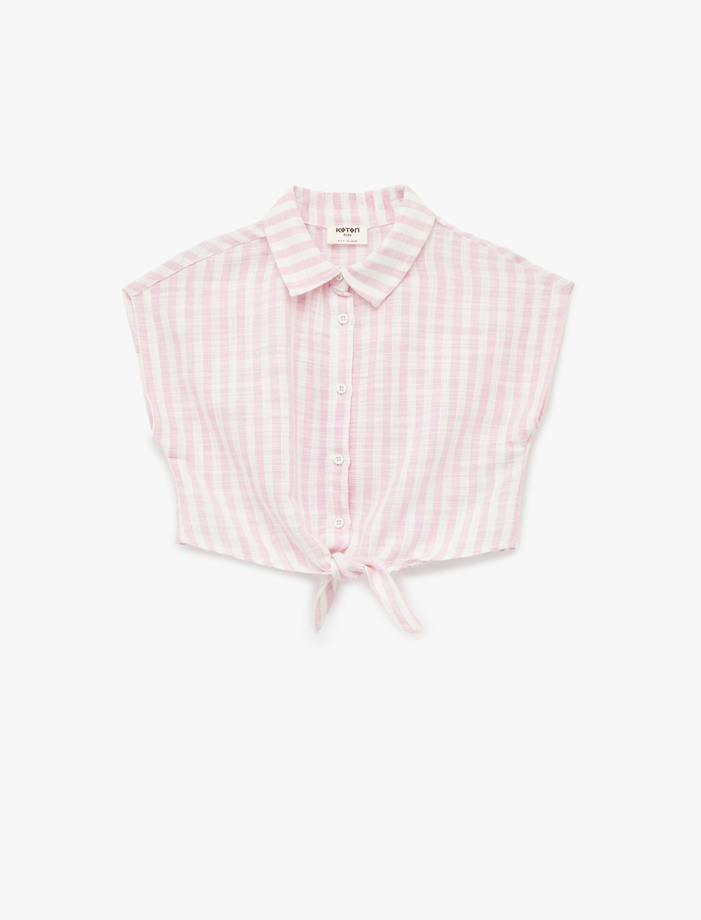  Kız Çocuk Bağlama Detaylı Kısa Kollu Viskon Karışımlı Çizgili Crop Gömlek