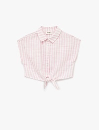 Bağlama Detaylı Kısa Kollu Viskon Karışımlı Çizgili Crop Gömlek