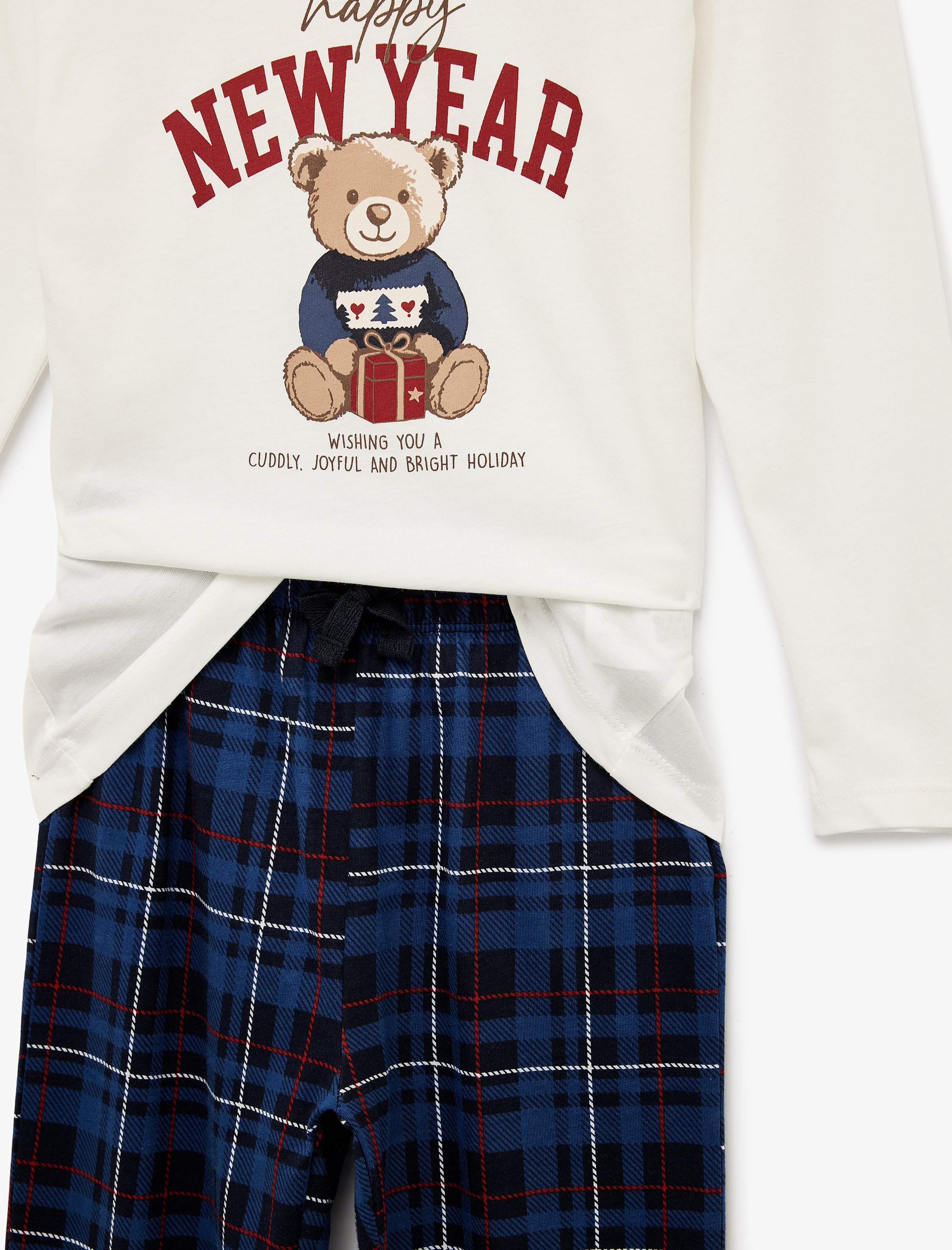  Kız Çocuk Pamuklu Uzun Kollu Bisiklet Yaka Yılbaşı Pijama Takımı