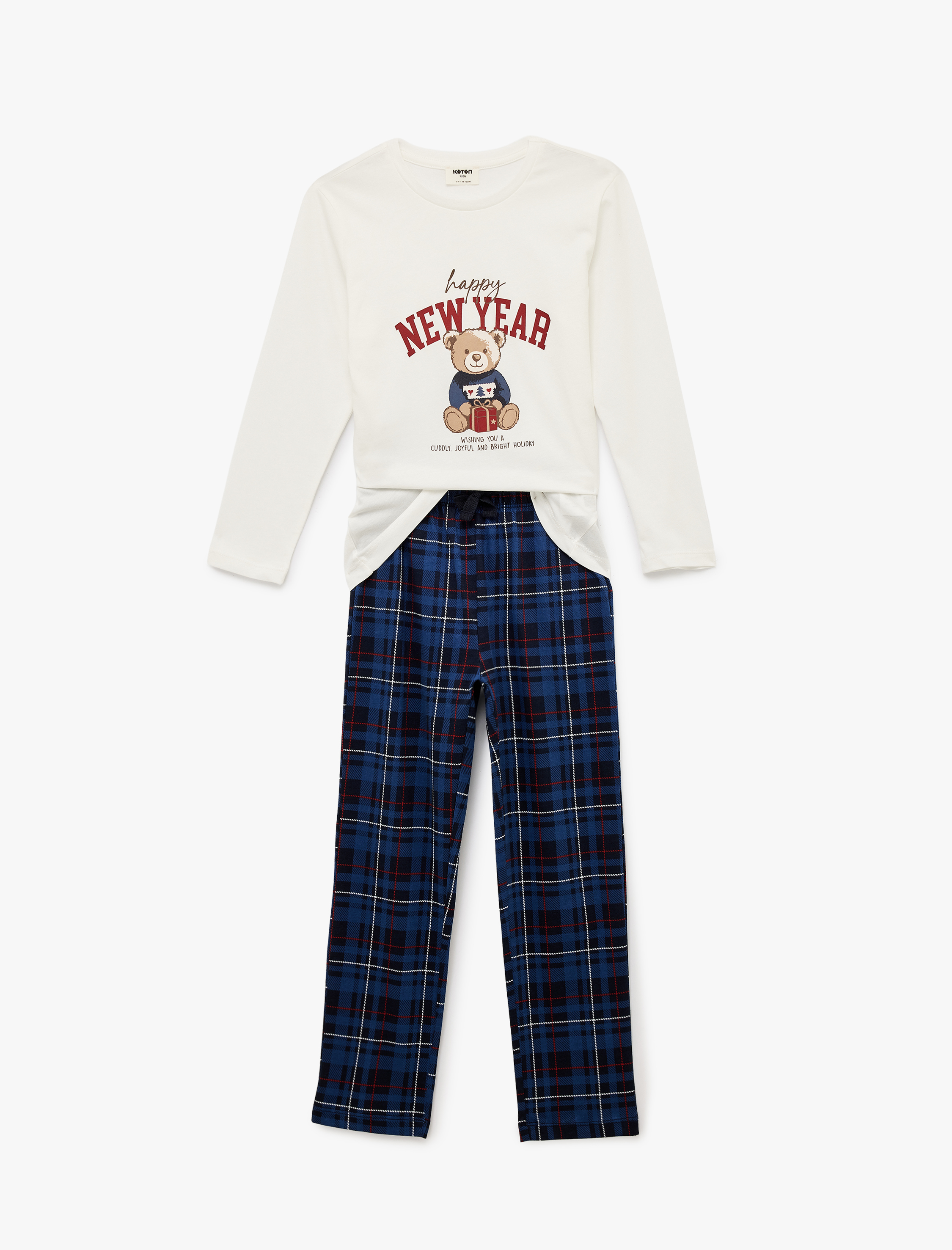  Kız Çocuk Pamuklu Uzun Kollu Bisiklet Yaka Yılbaşı Pijama Takımı