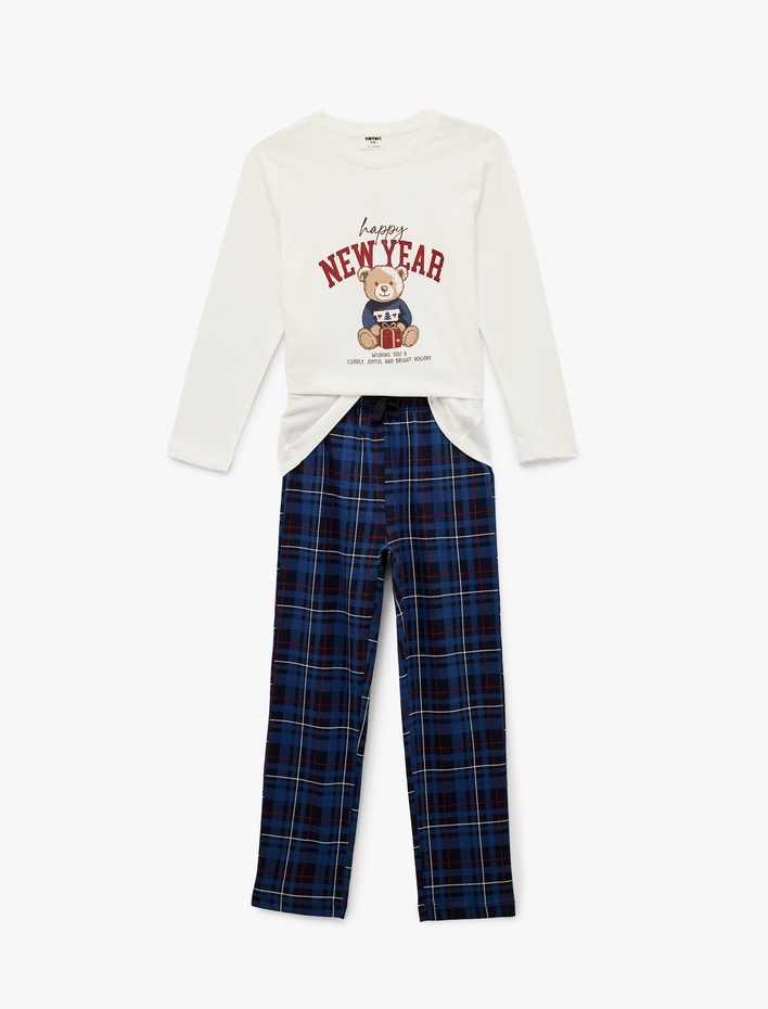 Kız Çocuk Pamuklu Uzun Kollu Bisiklet Yaka Yılbaşı Pijama Takımı