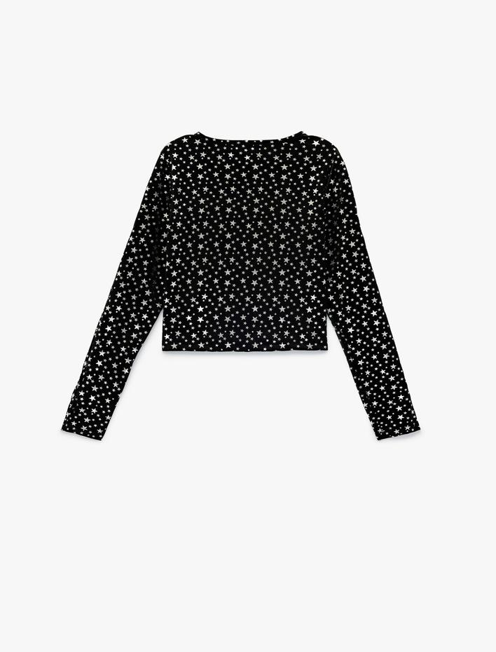 Kız Çocuk Yıldız Desenli Uzun Kollu Bisiklet Yaka Crop Bluz
