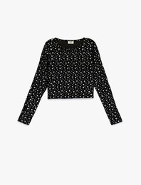 Yıldız Desenli Uzun Kollu Bisiklet Yaka Crop Bluz