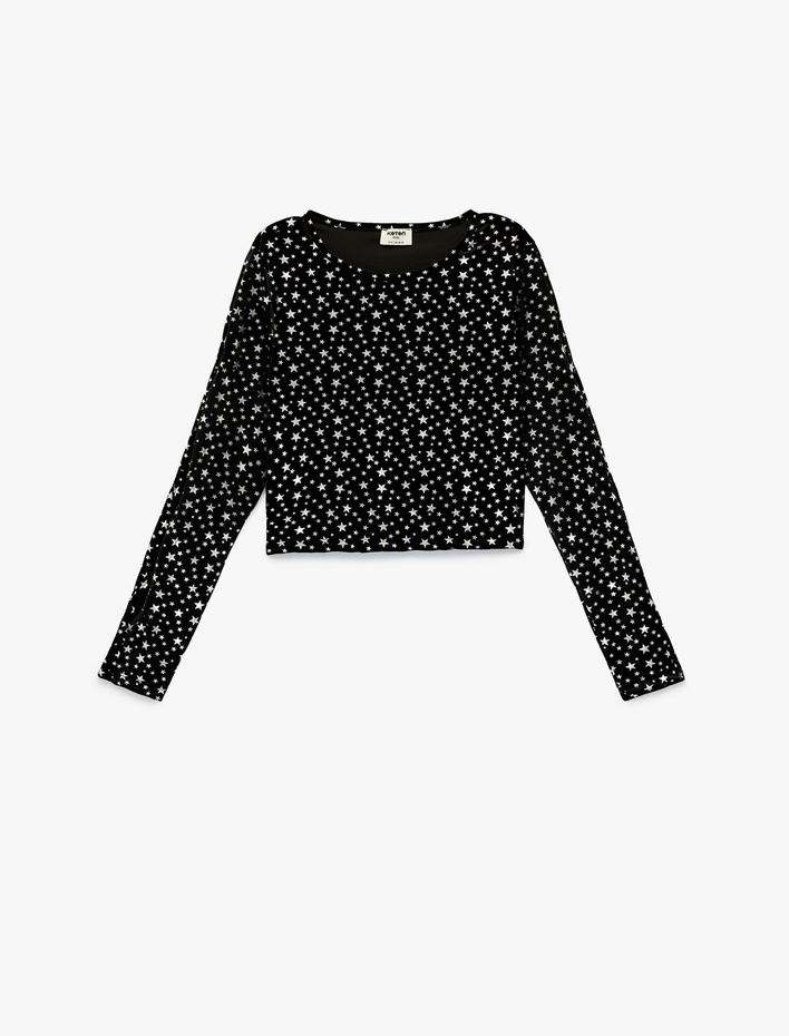 Kız Çocuk Yıldız Desenli Uzun Kollu Bisiklet Yaka Crop Bluz