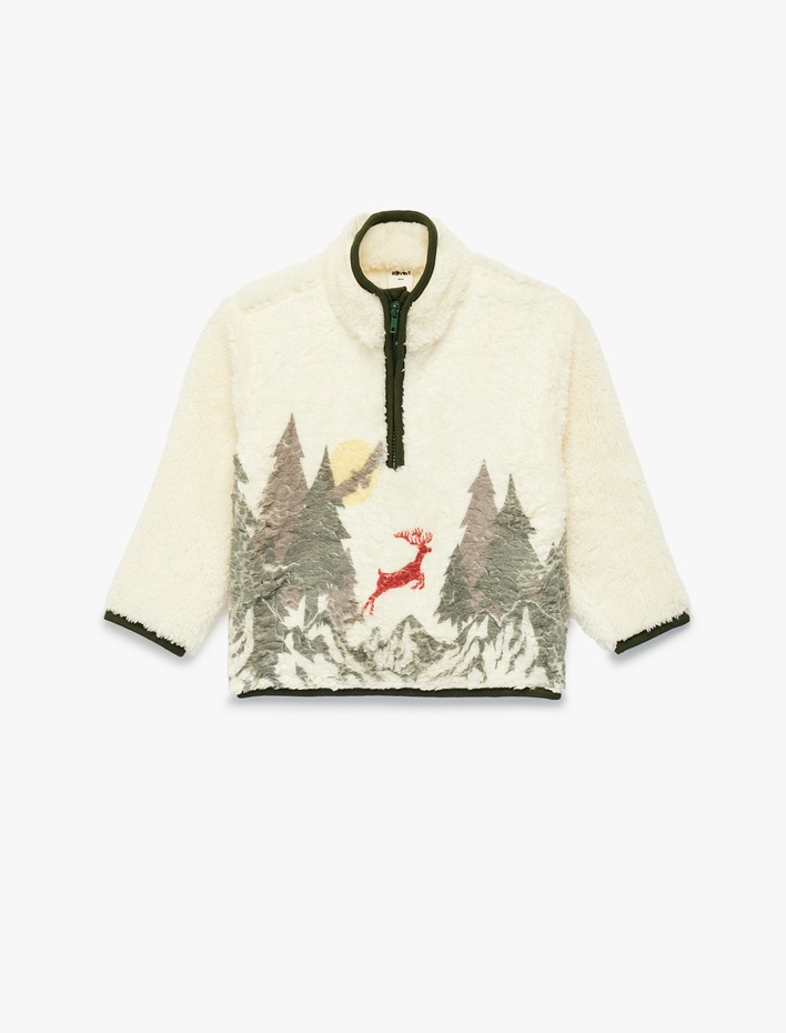 Erkek Bebek Fermuar Detaylı Uzun Kollu Dik Yaka Polar Yılbaşı Sweatshirt