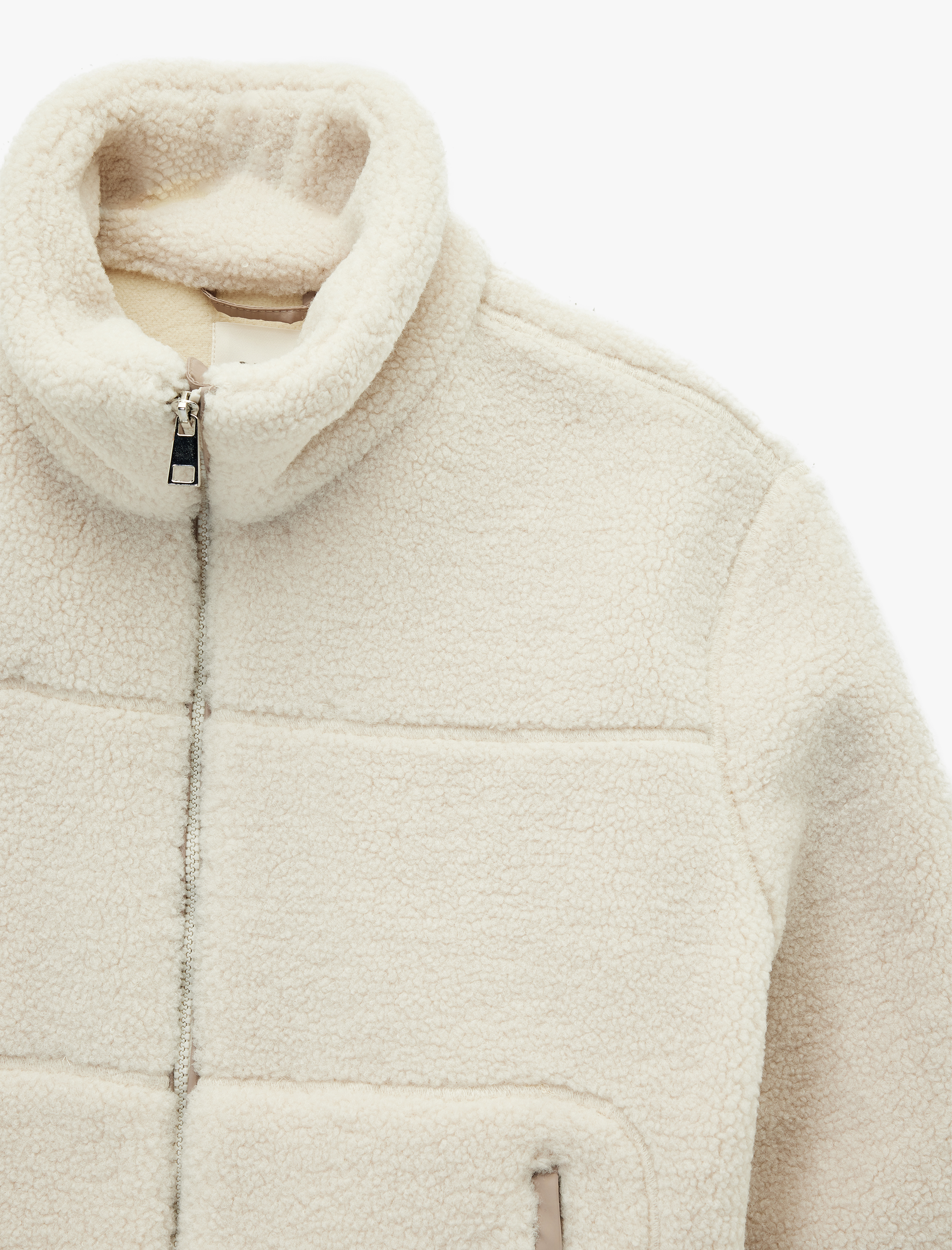   Cepli Uzun Kollu Fermuarlı Dik Yaka Crop Peluş Mont