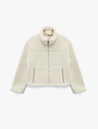 Cepli Uzun Kollu Fermuarlı Dik Yaka Crop Peluş Mont