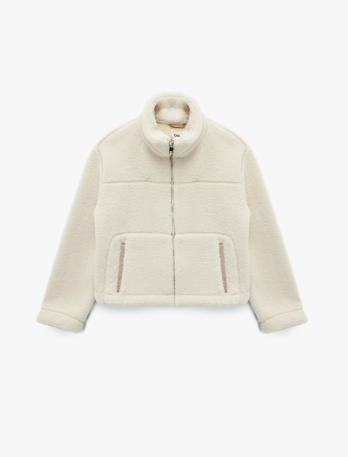  Cepli Uzun Kollu Fermuarlı Dik Yaka Crop Peluş Mont