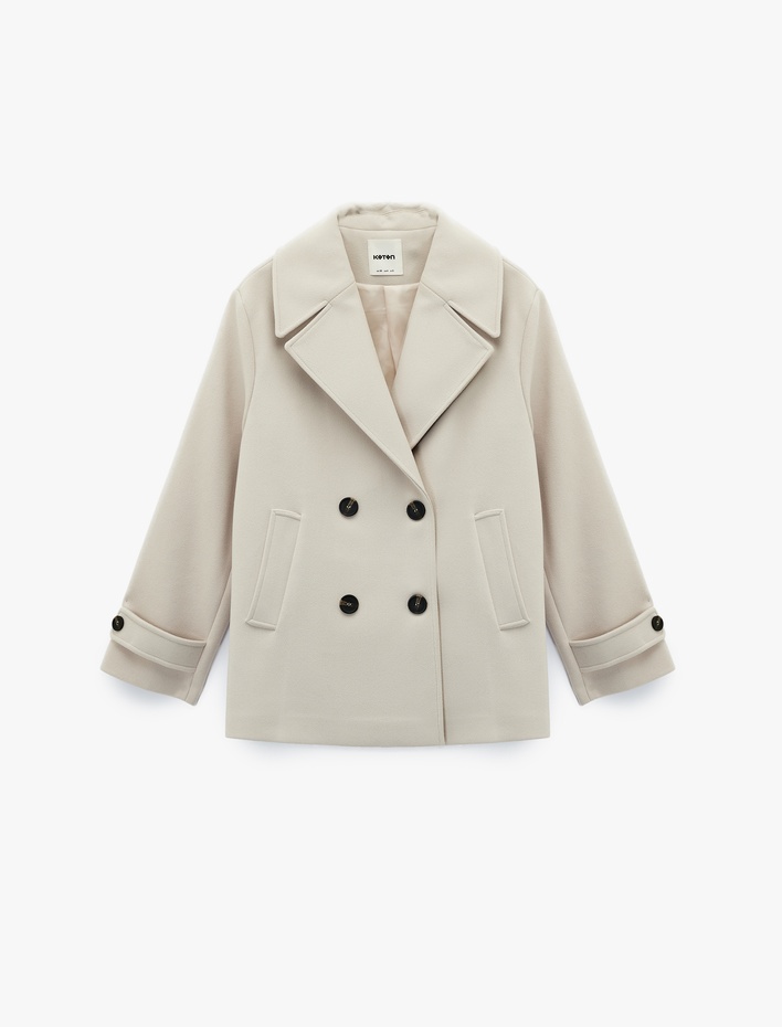  Cepli Düğmeli Kruvaze Uzun Kollu Kısa Kaşe Kaban