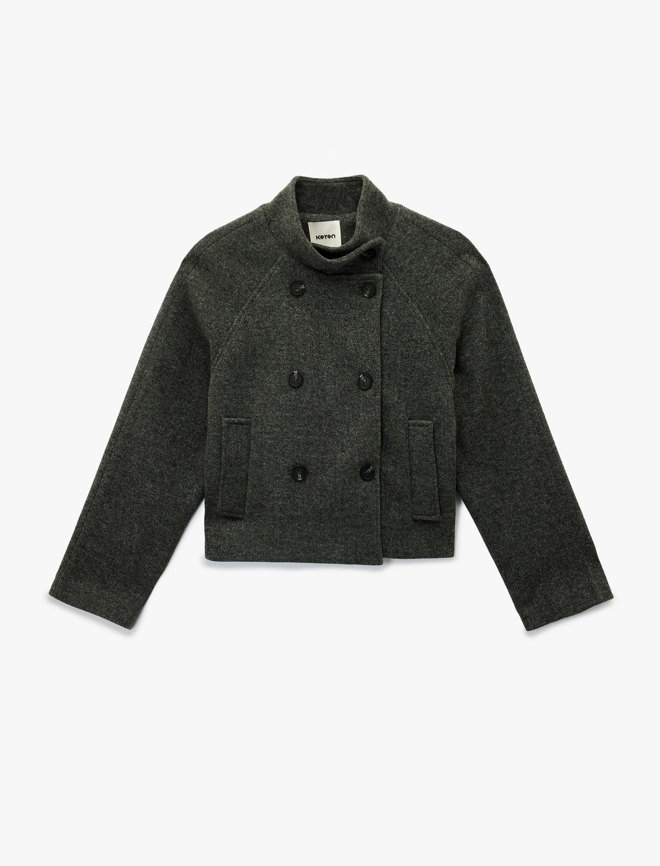   Uzun Kollu Cepli Dik Yaka Düğmeli Kruvaze Kısa Kaşe Mont