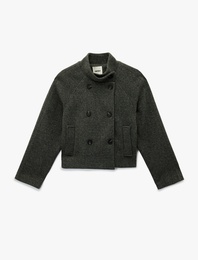 Uzun Kollu Cepli Dik Yaka Düğmeli Kruvaze Kısa Kaşe Mont