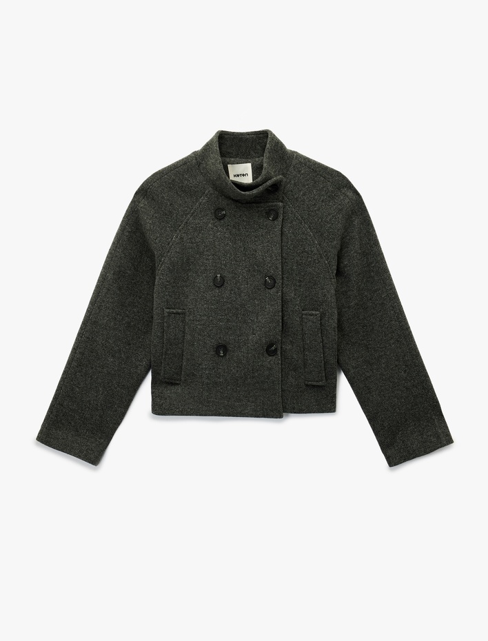  Uzun Kollu Cepli Dik Yaka Düğmeli Kruvaze Kısa Kaşe Mont