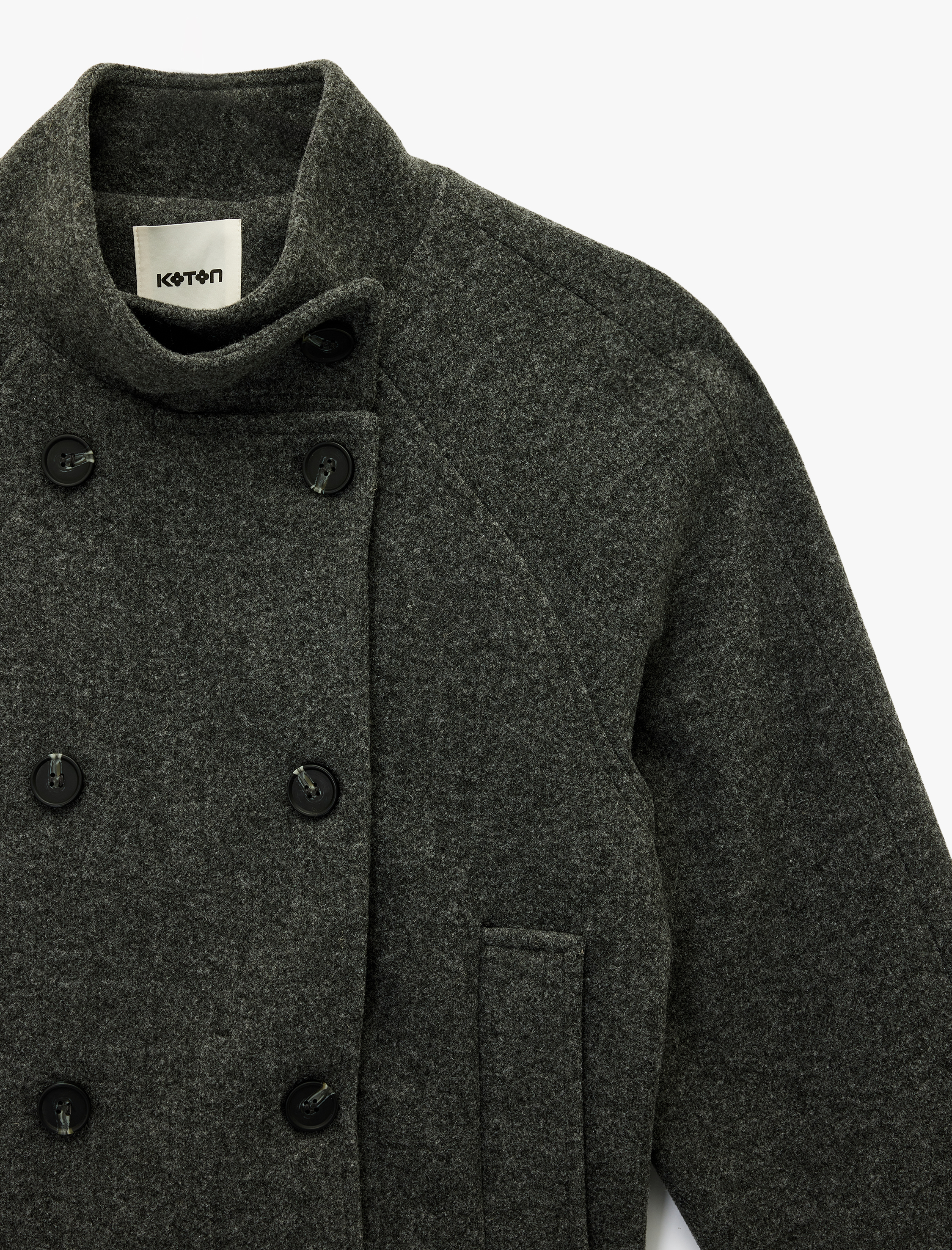   Uzun Kollu Cepli Dik Yaka Düğmeli Kruvaze Kısa Kaşe Mont