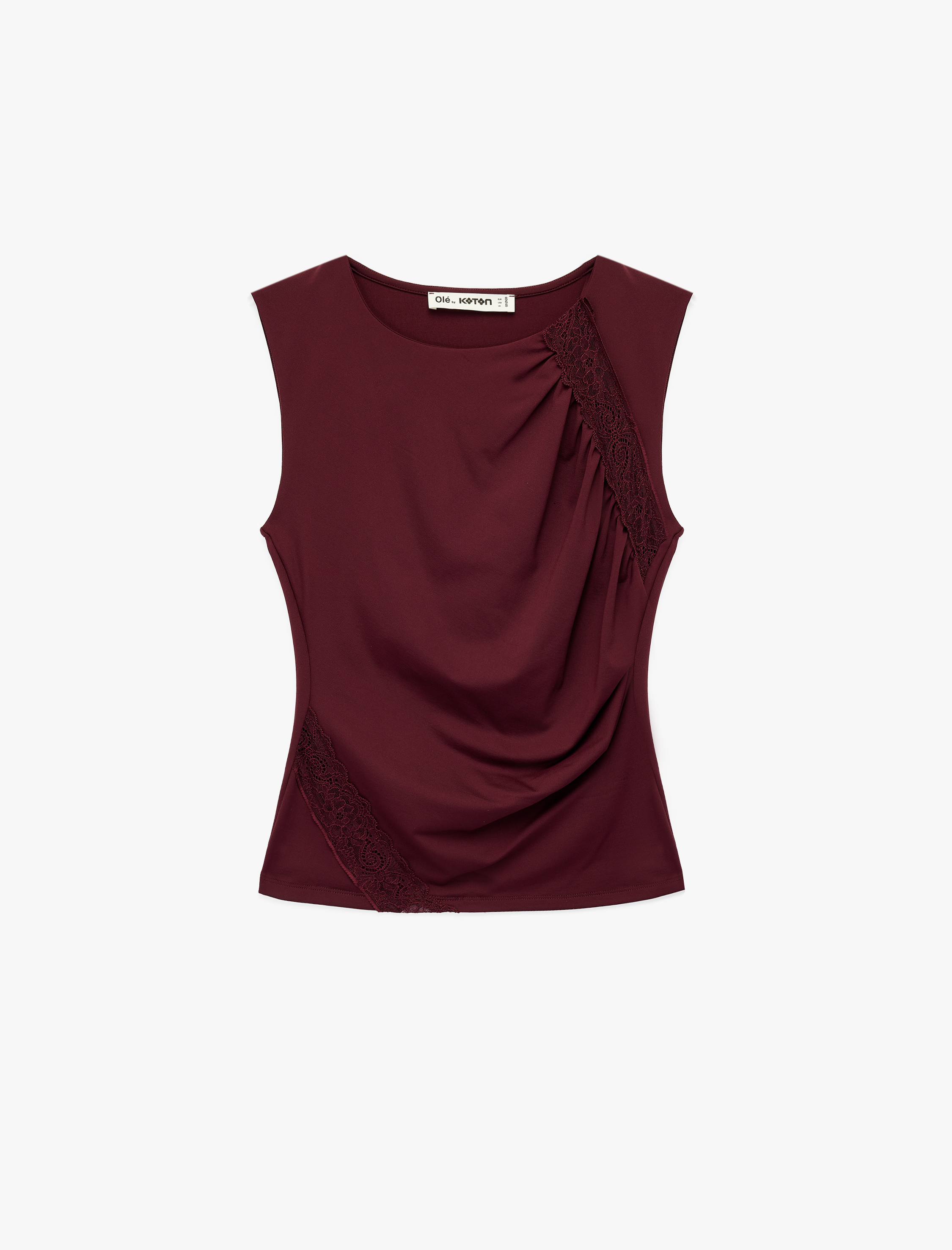   Slim Fit Kayık Yuvarlak Yaka Dantel Detaylı Kolsuz Bluz