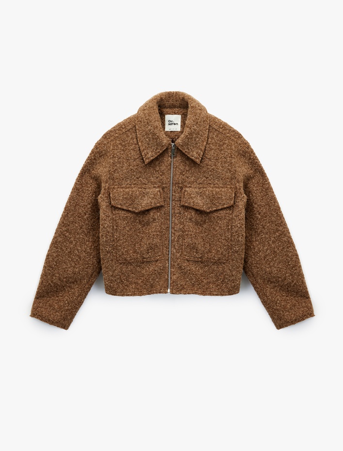  Fermuarlı Cepli Uzun Kollu Kısa Peluş Ceket