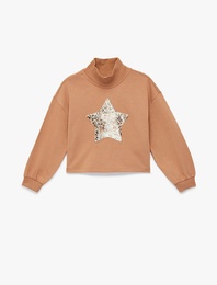 Pamuklu Uzun Kollu Dik Yaka Pullu Payetli Şardonlu Sweatshirt