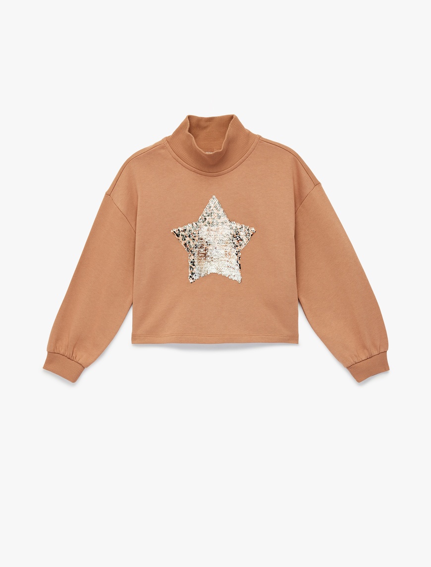 Koton Pamuklu Uzun Kollu Dik Yaka Pullu Payetli Şardonlu Sweatshirt
