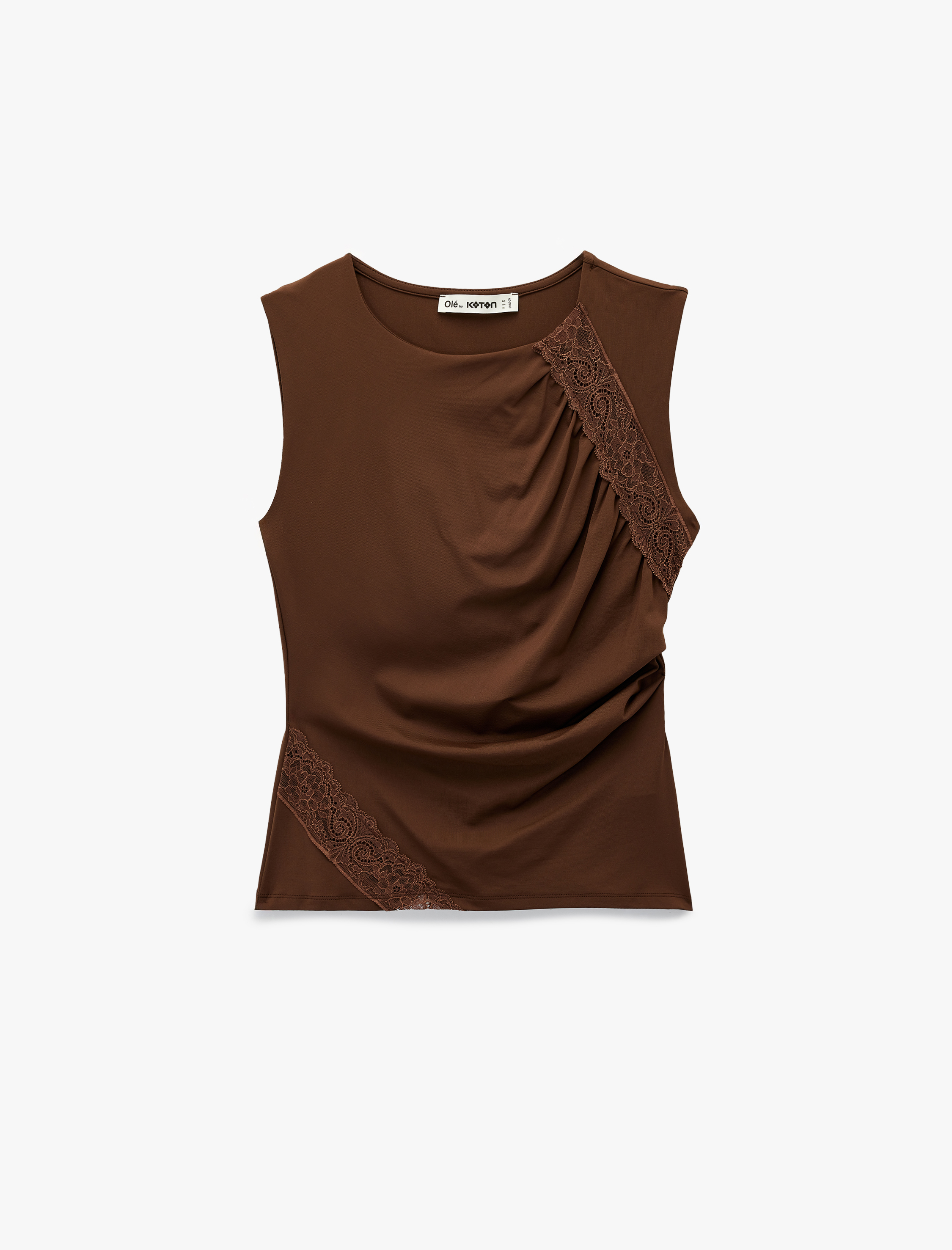   Slim Fit Kayık Yuvarlak Yaka Dantel Detaylı Kolsuz Bluz