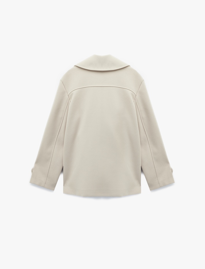  Cepli Düğmeli Kruvaze Uzun Kollu Kısa Kaşe Kaban