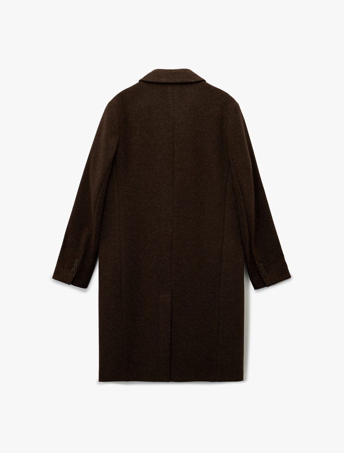  Regular Fit Cepli Mono Yaka Düğmeli Uzun Kaşe Kaban