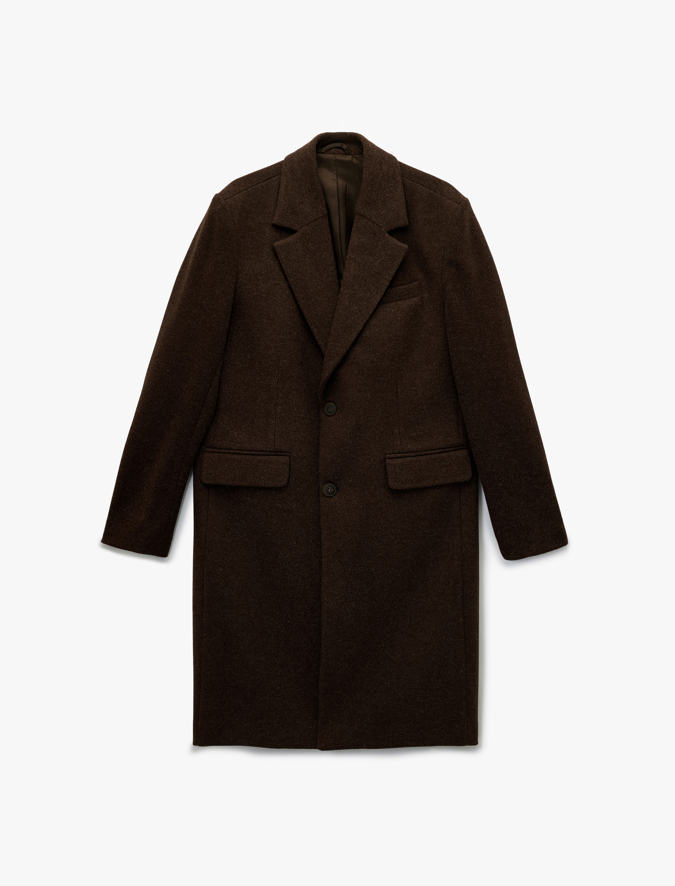   Regular Fit Cepli Mono Yaka Düğmeli Uzun Kaşe Kaban