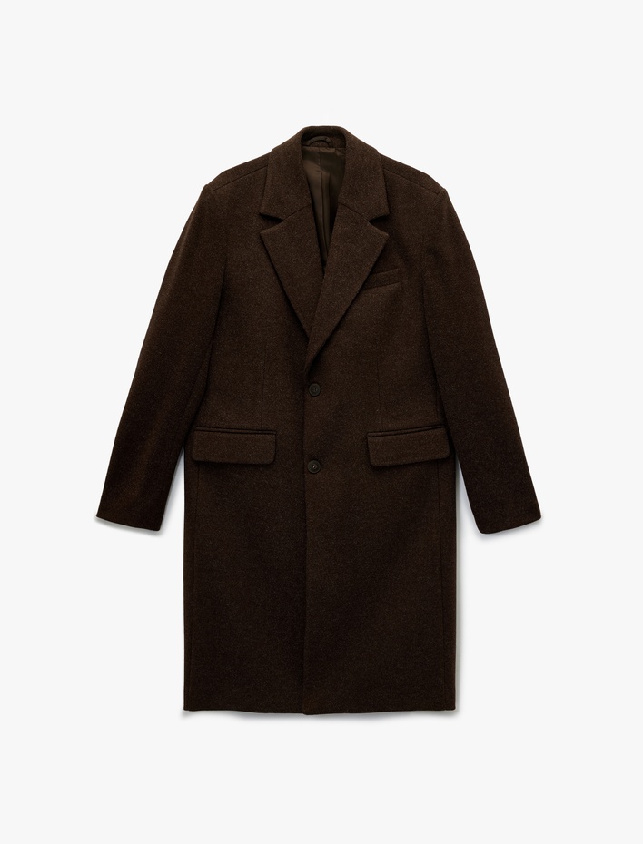  Regular Fit Cepli Mono Yaka Düğmeli Uzun Kaşe Kaban