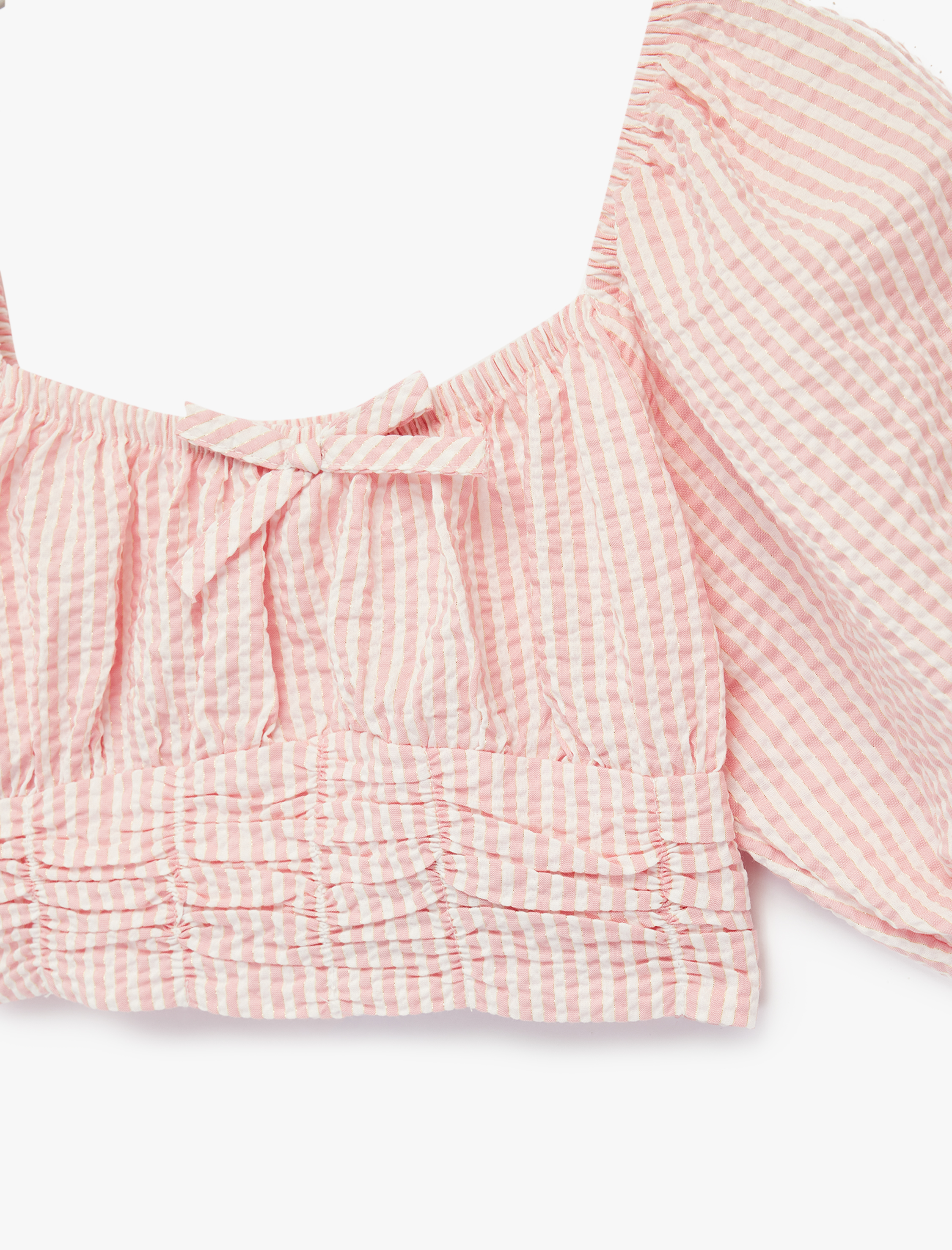  Kız Çocuk Balon Kollu Kare Yaka Çizgili Crop Bluz