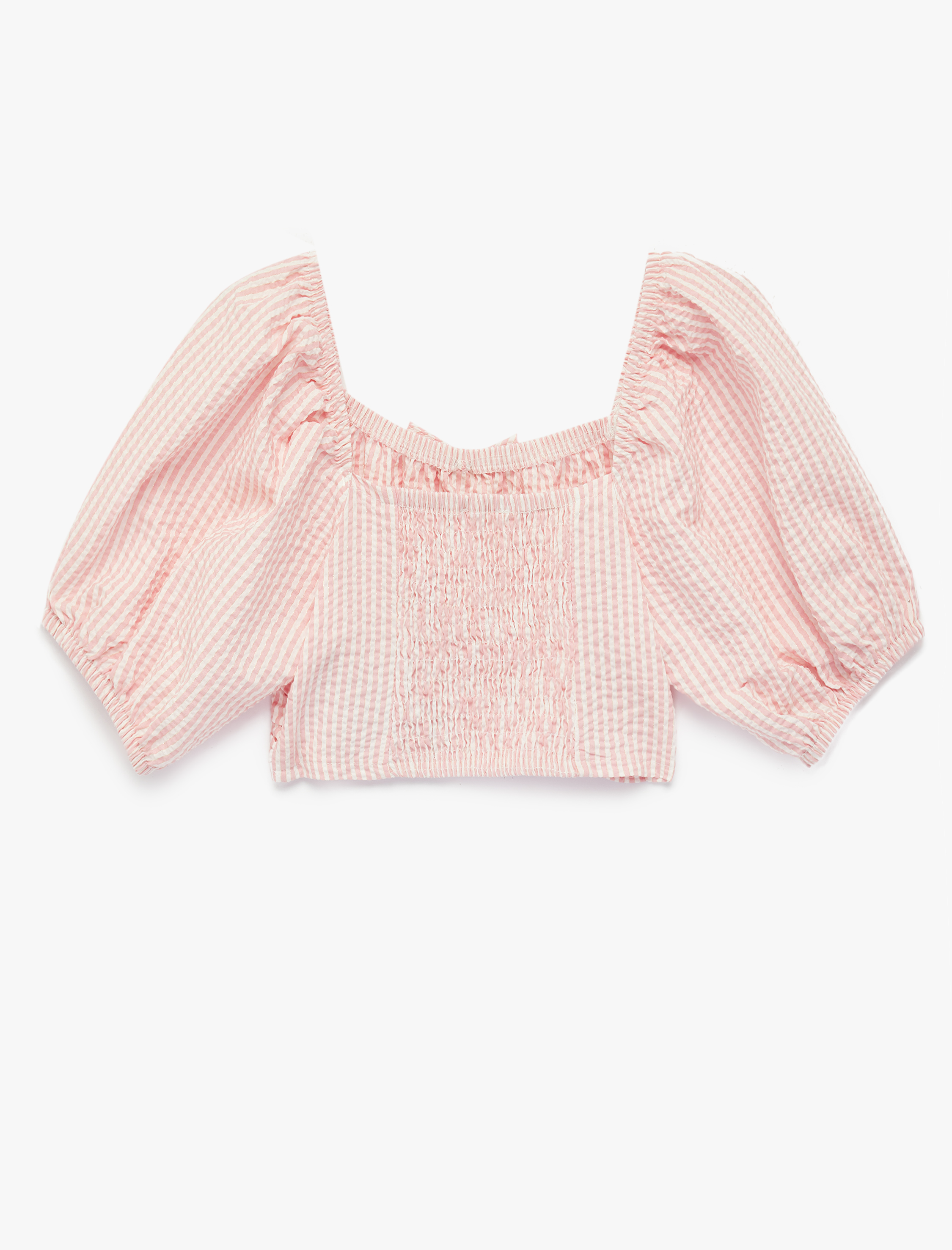  Kız Çocuk Balon Kollu Kare Yaka Çizgili Crop Bluz