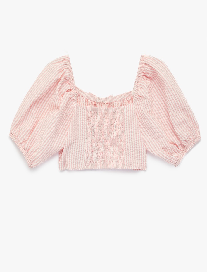 Kız Çocuk Balon Kollu Kare Yaka Çizgili Crop Bluz