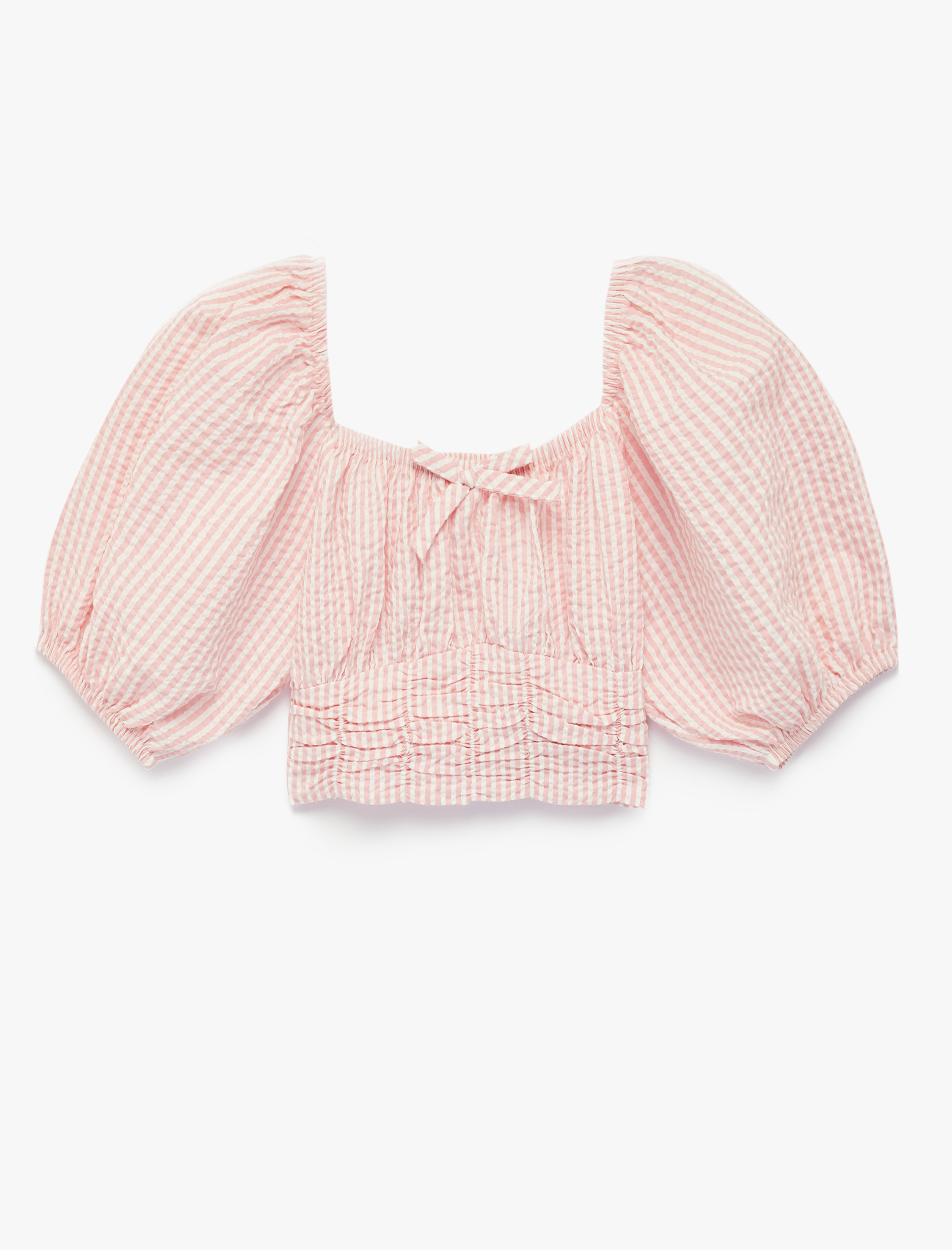  Kız Çocuk Balon Kollu Kare Yaka Çizgili Crop Bluz
