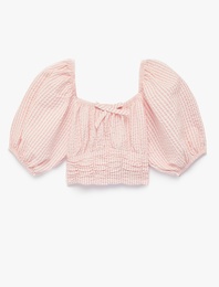 Balon Kollu Kare Yaka Çizgili Crop Bluz