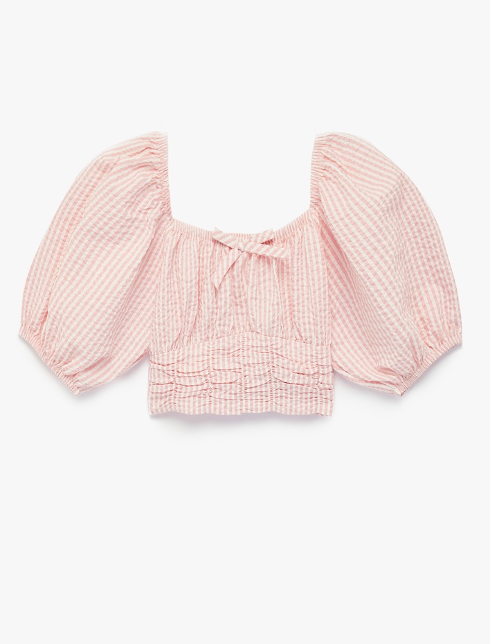 Kız Çocuk Balon Kollu Kare Yaka Çizgili Crop Bluz