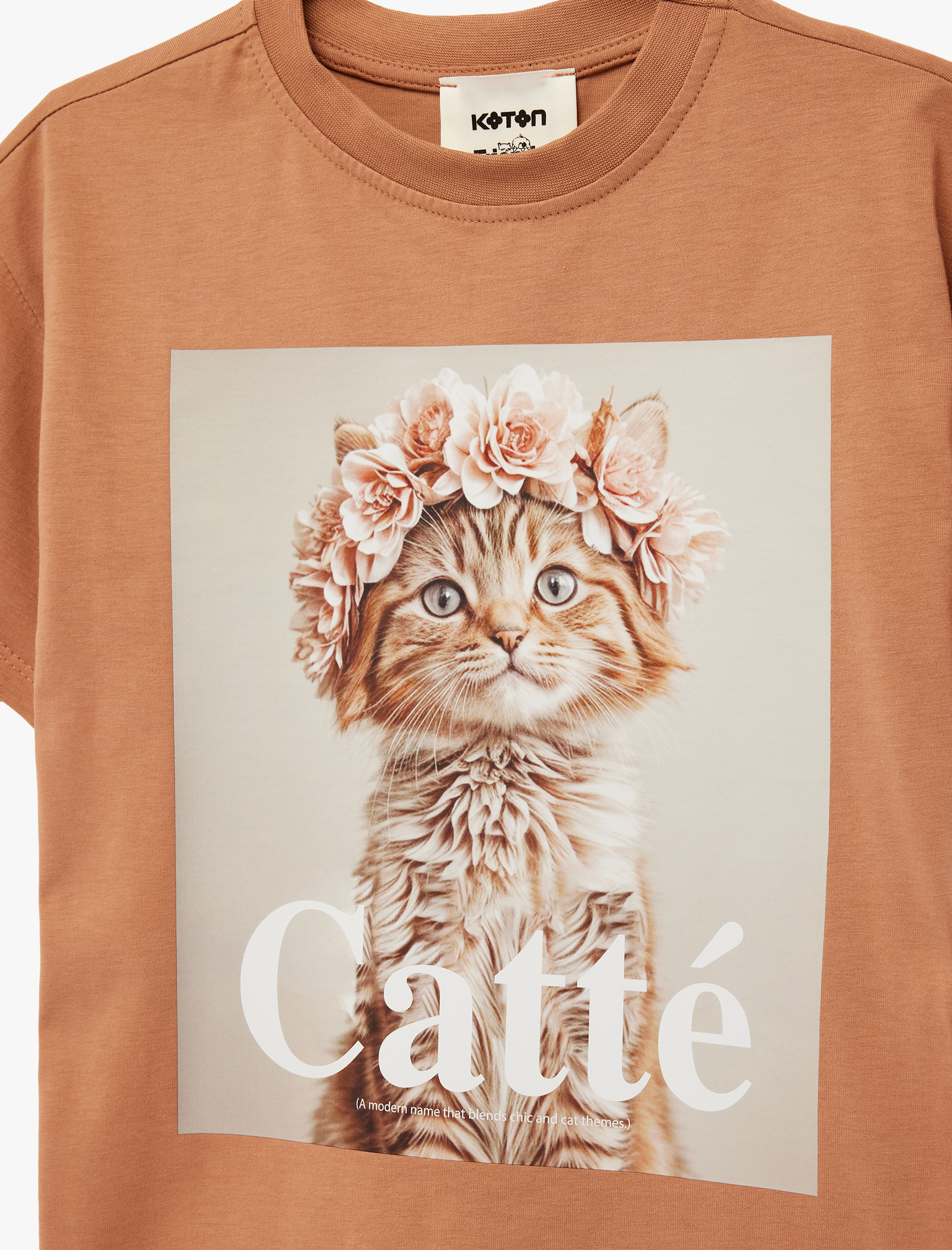  Kız Çocuk Kısa Kollu Bisiklet Yaka Kedi Baskılı Pamuklu Tişört