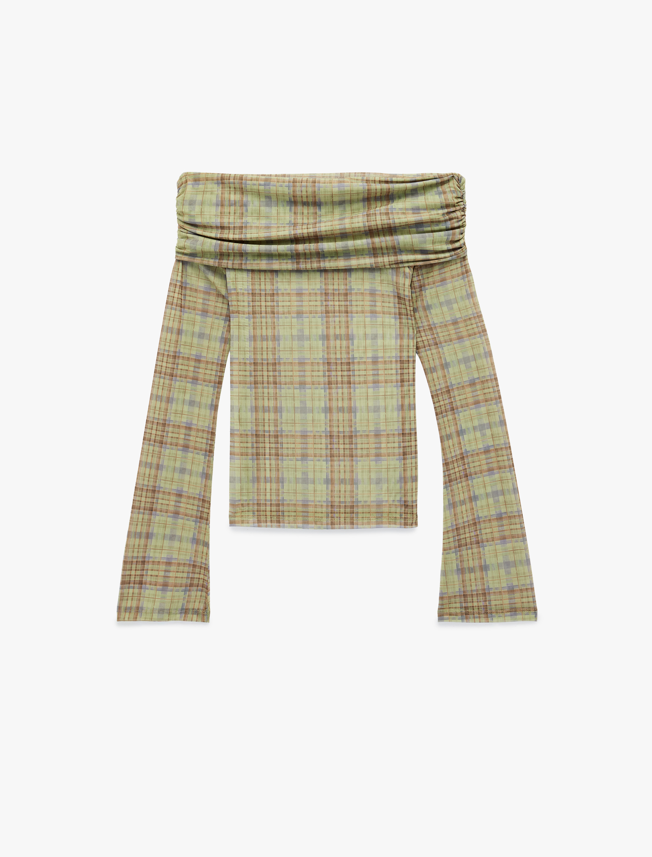   Uzun Kollu Slim Fit Omzu Açık Ekose Tişört