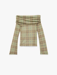 Uzun Kollu Slim Fit Omzu Açık Ekose Tişört