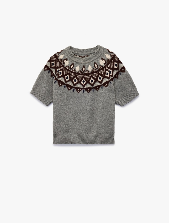  Koton X Melis Ağazat - Kısa Kollu Bisiklet Yaka Desenli Triko Kazak