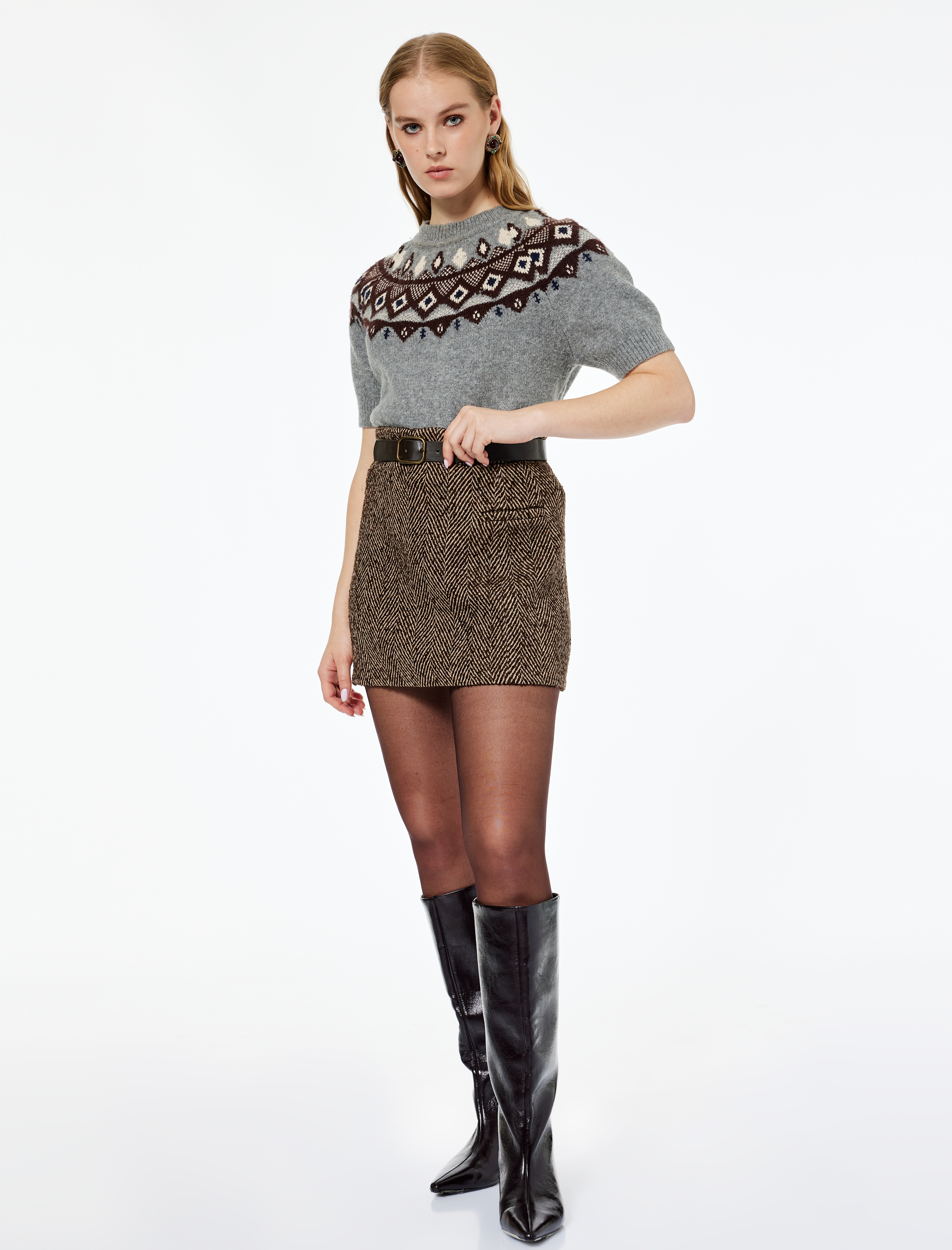   Koton X Melis Ağazat - Kısa Kollu Bisiklet Yaka Desenli Triko Kazak