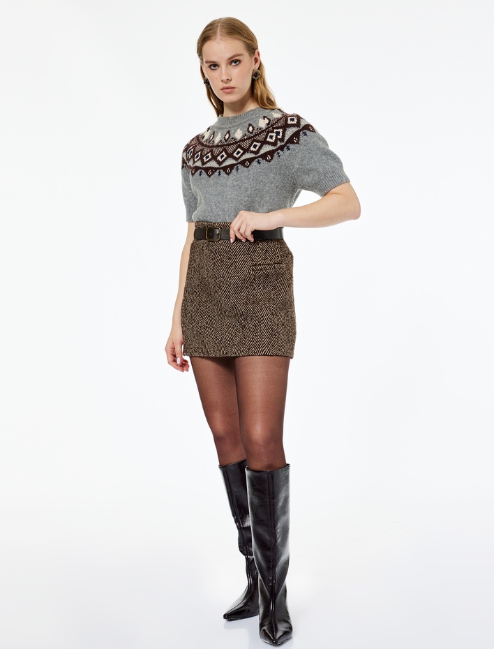  Koton X Melis Ağazat - Kısa Kollu Bisiklet Yaka Desenli Triko Kazak