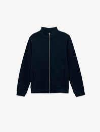 Şardonlu Uzun Kollu Cep Detaylı Basic Fermuarlı Hırka