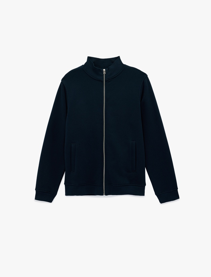  Şardonlu Uzun Kollu Cep Detaylı Basic Fermuarlı Hırka